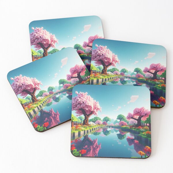 Item preview, Minecraft world, Japanese garden, cherry blossom trees, Japan, gaming, blue sky, pixel art, blocky digital landscape designed and sold by Sugar Wisdom .