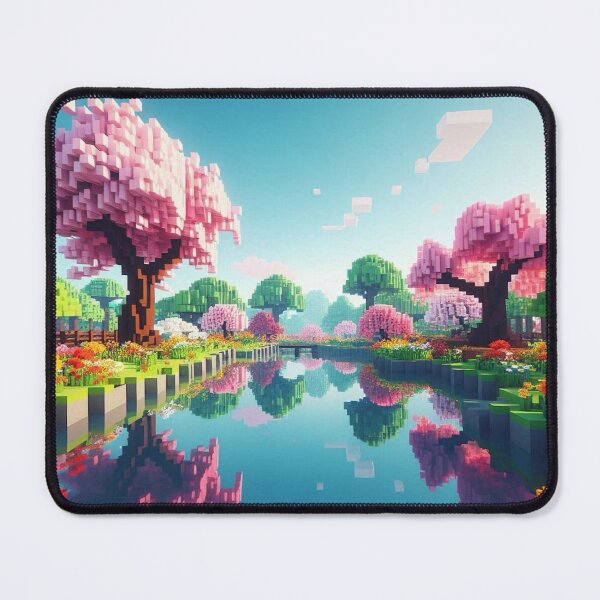 Item preview, Minecraft world, Japanese garden, cherry blossom trees, Japan, gaming, blue sky, pixel art, blocky digital landscape designed and sold by Sugar Wisdom .