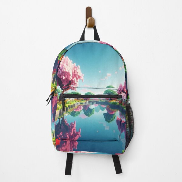 Item preview, Minecraft world, Japanese garden, cherry blossom trees, Japan, gaming, blue sky, pixel art, blocky digital landscape designed and sold by Sugar Wisdom .