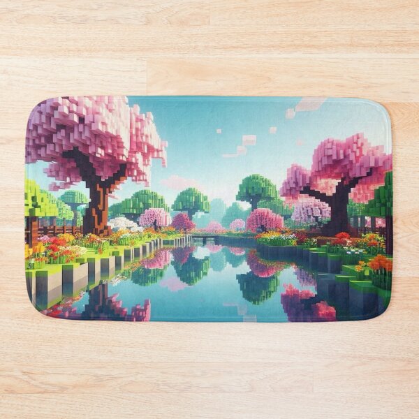 Item preview, Minecraft world, Japanese garden, cherry blossom trees, Japan, gaming, blue sky, pixel art, blocky digital landscape designed and sold by Sugar Wisdom .