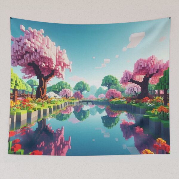 Item preview, Minecraft world, Japanese garden, cherry blossom trees, Japan, gaming, blue sky, pixel art, blocky digital landscape designed and sold by Sugar Wisdom .