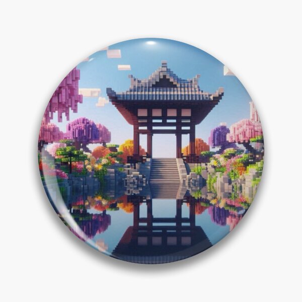 Item preview, Minecraft world, Japanese garden, cherry blossom trees, Japan, gaming, blue sky, pixel art, blocky digital landscape designed and sold by Sugar Wisdom .