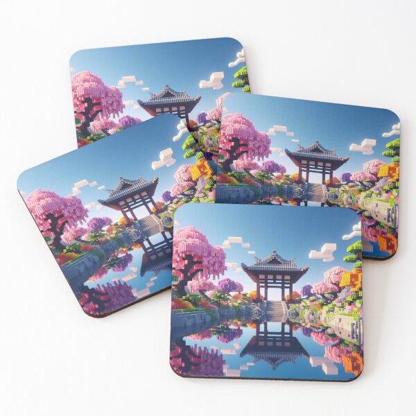 Item preview, Minecraft world, Japanese garden, cherry blossom trees, Japan, gaming, blue sky, pixel art, blocky digital landscape designed and sold by Sugar Wisdom .