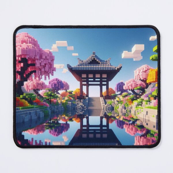 Item preview, Minecraft world, Japanese garden, cherry blossom trees, Japan, gaming, blue sky, pixel art, blocky digital landscape designed and sold by Sugar Wisdom .