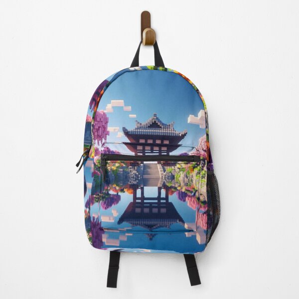 Item preview, Minecraft world, Japanese garden, cherry blossom trees, Japan, gaming, blue sky, pixel art, blocky digital landscape designed and sold by Sugar Wisdom .