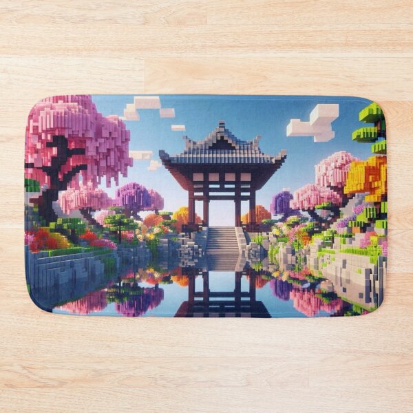 Item preview, Minecraft world, Japanese garden, cherry blossom trees, Japan, gaming, blue sky, pixel art, blocky digital landscape designed and sold by Sugar Wisdom .