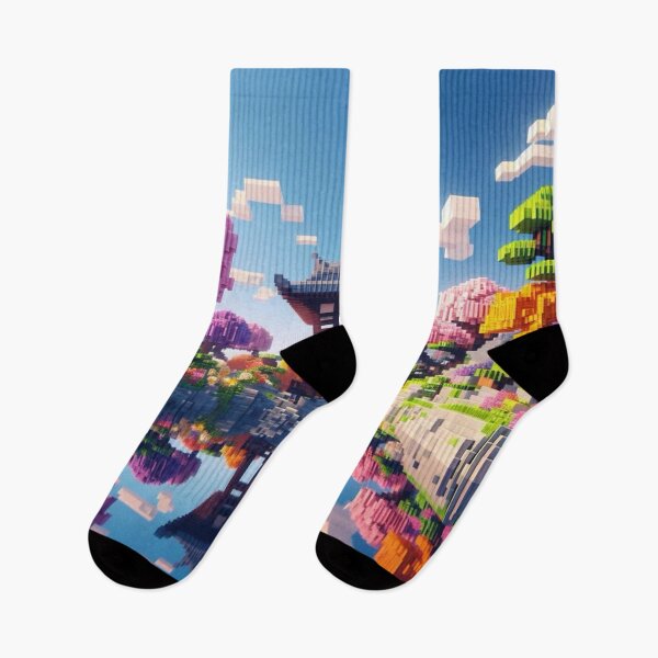 Item preview, Minecraft world, Japanese garden, cherry blossom trees, Japan, gaming, blue sky, pixel art, blocky digital landscape designed and sold by Sugar Wisdom .