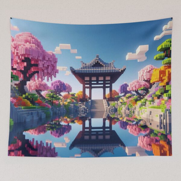 Item preview, Minecraft world, Japanese garden, cherry blossom trees, Japan, gaming, blue sky, pixel art, blocky digital landscape designed and sold by Sugar Wisdom .