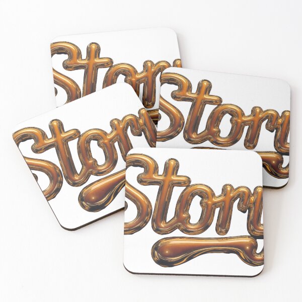Item preview, Glossy amber gold balloon wordmark reading Story on black background designed and sold by Creative88Art.