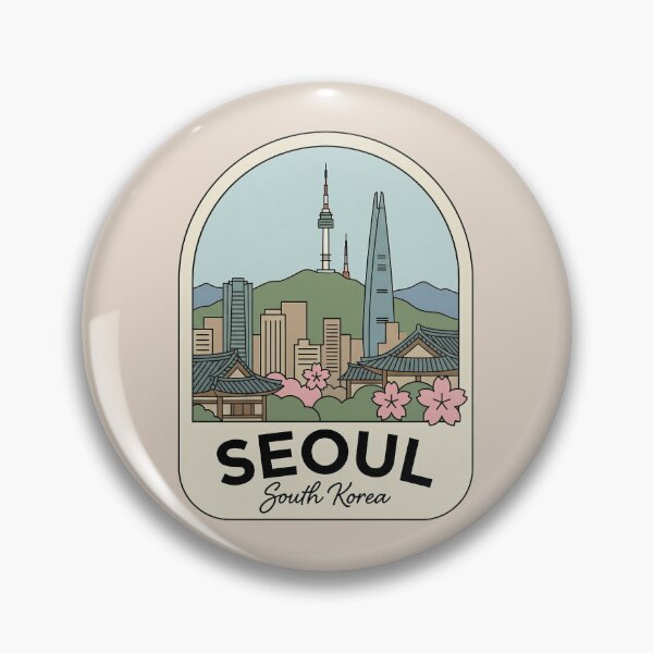 Item preview, Seoul South Korea Travel Badge, N Seoul Tower and Lotte World Tower Skyline with Cherry Blossoms designed and sold by InvestingRoad.