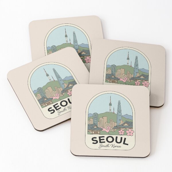 Item preview, Seoul South Korea Travel Badge, N Seoul Tower and Lotte World Tower Skyline with Cherry Blossoms designed and sold by InvestingRoad.