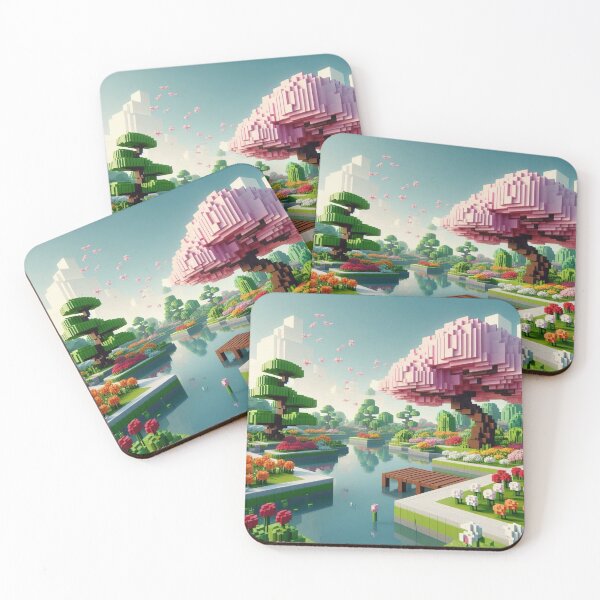 Item preview, Minecraft world, Japanese garden, cherry blossom trees, Japan, gaming, blue sky, pixel art, blocky digital landscape designed and sold by Sugar Wisdom .