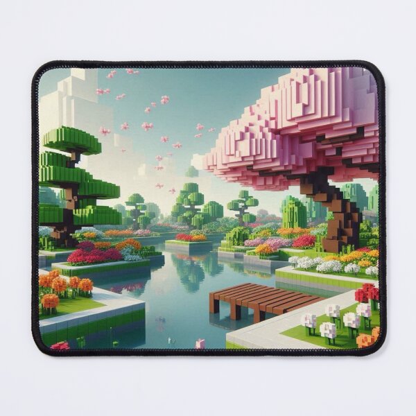 Item preview, Minecraft world, Japanese garden, cherry blossom trees, Japan, gaming, blue sky, pixel art, blocky digital landscape designed and sold by Sugar Wisdom .
