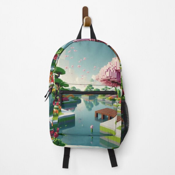 Item preview, Minecraft world, Japanese garden, cherry blossom trees, Japan, gaming, blue sky, pixel art, blocky digital landscape designed and sold by Sugar Wisdom .