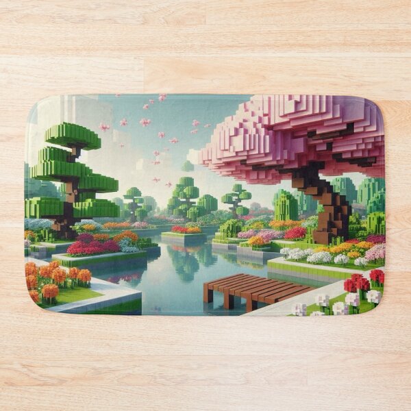 Item preview, Minecraft world, Japanese garden, cherry blossom trees, Japan, gaming, blue sky, pixel art, blocky digital landscape designed and sold by Sugar Wisdom .