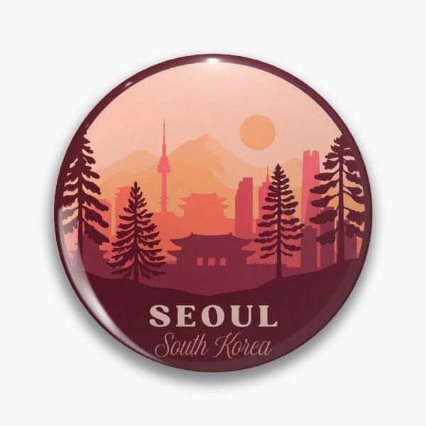 Item preview, Seoul South Korea Travel Badge, N Seoul Tower and Lotte World Tower Skyline with Cherry Blossoms designed and sold by InvestingRoad.
