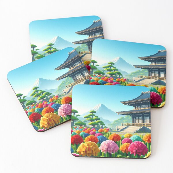 Item preview, Minecraft world, Japanese garden, cherry blossom trees, Japan, gaming, blue sky, pixel art, blocky digital landscape designed and sold by Sugar Wisdom .