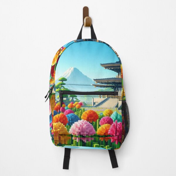Item preview, Minecraft world, Japanese garden, cherry blossom trees, Japan, gaming, blue sky, pixel art, blocky digital landscape designed and sold by Sugar Wisdom .