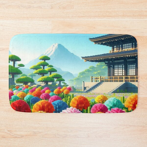 Item preview, Minecraft world, Japanese garden, cherry blossom trees, Japan, gaming, blue sky, pixel art, blocky digital landscape designed and sold by Sugar Wisdom .