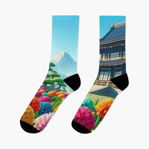 Item preview, Minecraft world, Japanese garden, cherry blossom trees, Japan, gaming, blue sky, pixel art, blocky digital landscape designed and sold by Sugar Wisdom .