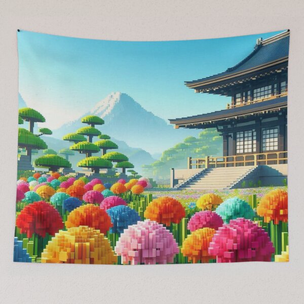 Item preview, Minecraft world, Japanese garden, cherry blossom trees, Japan, gaming, blue sky, pixel art, blocky digital landscape designed and sold by Sugar Wisdom .