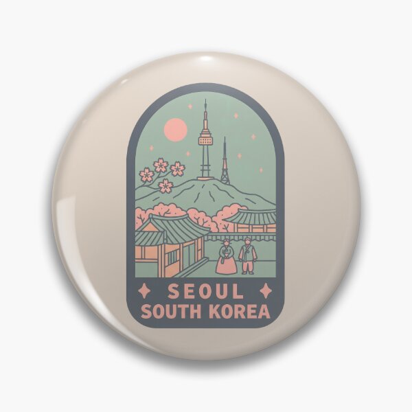 Item preview, Seoul South Korea Travel Badge, N Seoul Tower and Lotte World Tower Skyline with Cherry Blossoms designed and sold by InvestingRoad.