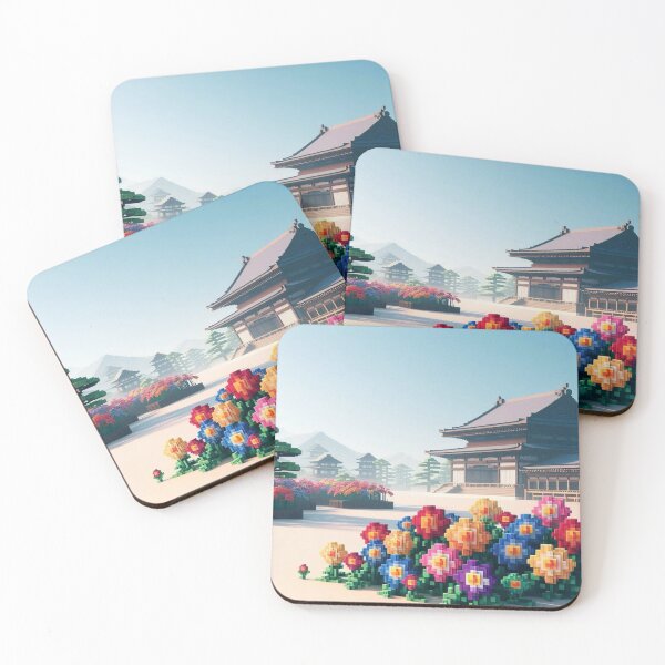 Item preview, Minecraft world, Japanese garden, cherry blossom trees, Japan, gaming, blue sky, pixel art, blocky digital landscape designed and sold by Sugar Wisdom .