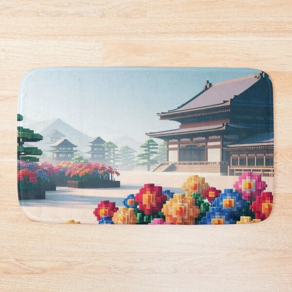 Item preview, Minecraft world, Japanese garden, cherry blossom trees, Japan, gaming, blue sky, pixel art, blocky digital landscape designed and sold by Sugar Wisdom .
