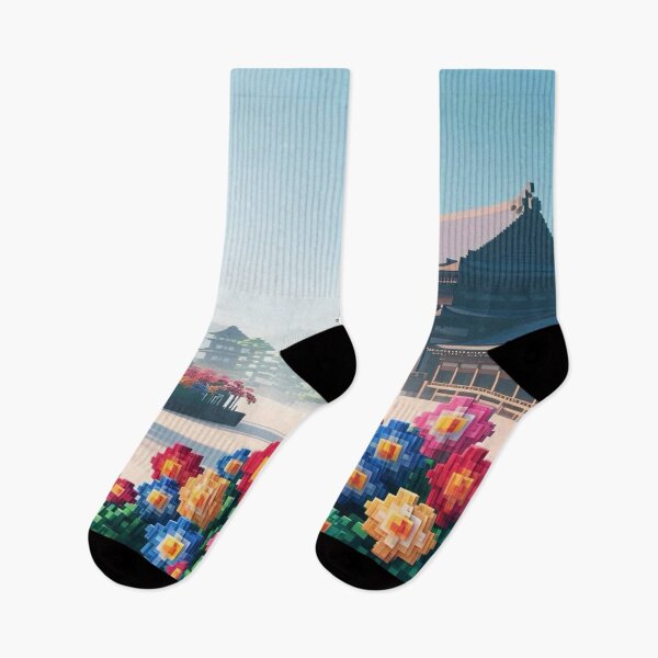 Item preview, Minecraft world, Japanese garden, cherry blossom trees, Japan, gaming, blue sky, pixel art, blocky digital landscape designed and sold by Sugar Wisdom .