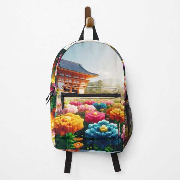 Item preview, Minecraft world, Japanese garden, cherry blossom trees, Japan, gaming, blue sky, pixel art, blocky digital landscape designed and sold by Sugar Wisdom .
