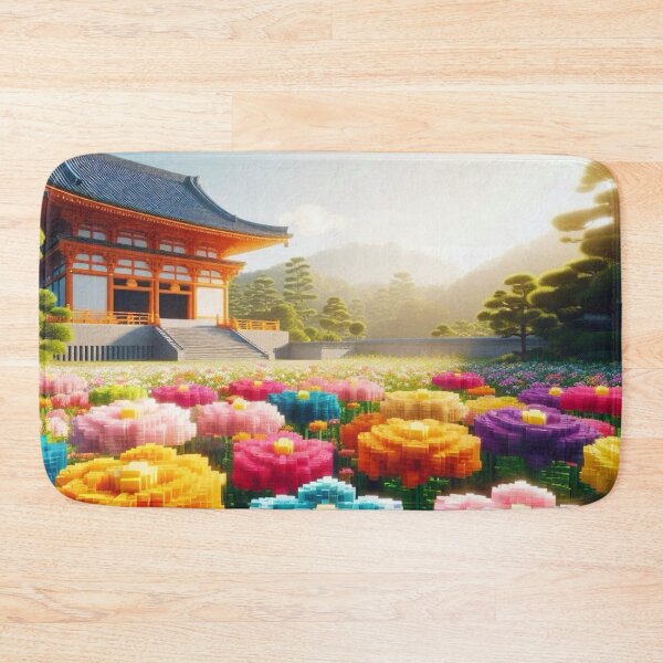 Item preview, Minecraft world, Japanese garden, cherry blossom trees, Japan, gaming, blue sky, pixel art, blocky digital landscape designed and sold by Sugar Wisdom .
