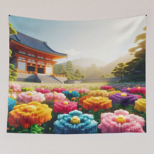 Item preview, Minecraft world, Japanese garden, cherry blossom trees, Japan, gaming, blue sky, pixel art, blocky digital landscape designed and sold by Sugar Wisdom .