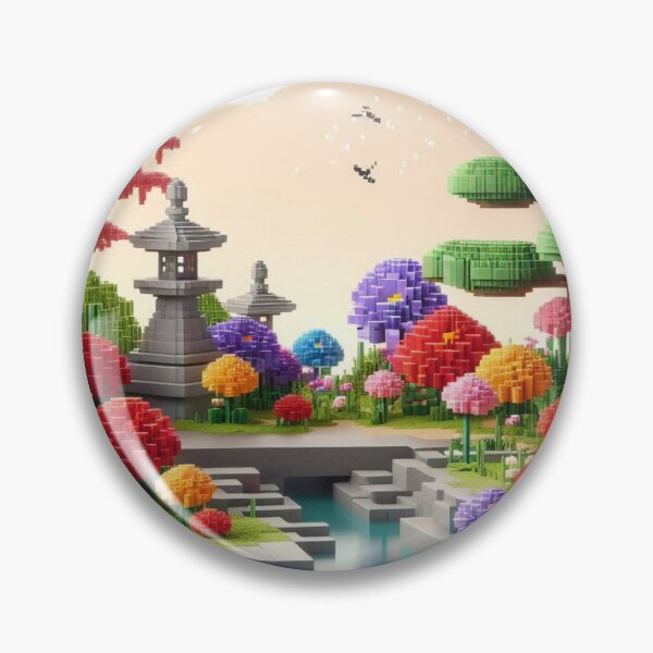 Item preview, Minecraft world, Japanese garden, cherry blossom trees, Japan, gaming, blue sky, pixel art, blocky digital landscape designed and sold by Sugar Wisdom .