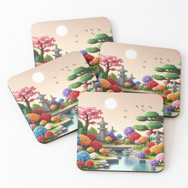 Item preview, Minecraft world, Japanese garden, cherry blossom trees, Japan, gaming, blue sky, pixel art, blocky digital landscape designed and sold by Sugar Wisdom .