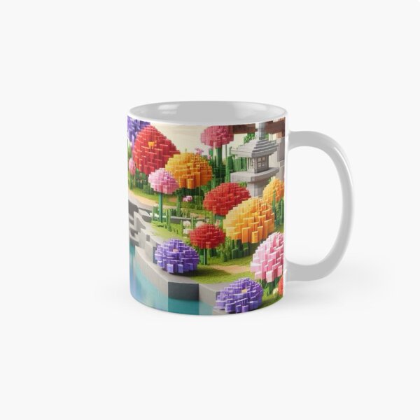 Item preview, Minecraft world, Japanese garden, cherry blossom trees, Japan, gaming, blue sky, pixel art, blocky digital landscape designed and sold by Sugar Wisdom .