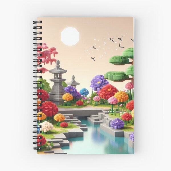 Item preview, Minecraft world, Japanese garden, cherry blossom trees, Japan, gaming, blue sky, pixel art, blocky digital landscape designed and sold by Sugar Wisdom .
