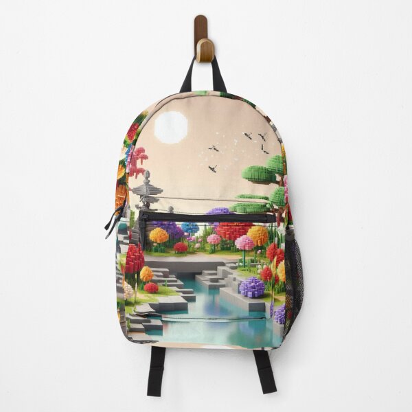 Item preview, Minecraft world, Japanese garden, cherry blossom trees, Japan, gaming, blue sky, pixel art, blocky digital landscape designed and sold by Sugar Wisdom .