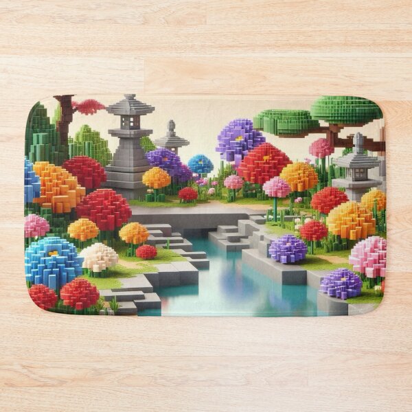 Item preview, Minecraft world, Japanese garden, cherry blossom trees, Japan, gaming, blue sky, pixel art, blocky digital landscape designed and sold by Sugar Wisdom .