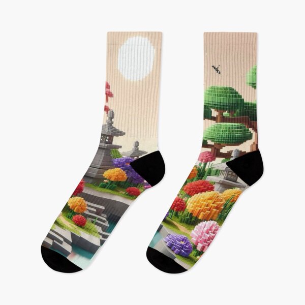 Item preview, Minecraft world, Japanese garden, cherry blossom trees, Japan, gaming, blue sky, pixel art, blocky digital landscape designed and sold by Sugar Wisdom .