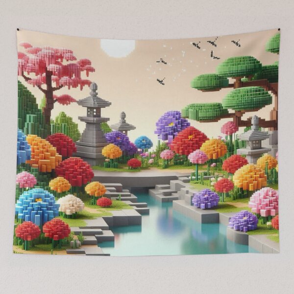 Item preview, Minecraft world, Japanese garden, cherry blossom trees, Japan, gaming, blue sky, pixel art, blocky digital landscape designed and sold by Sugar Wisdom .