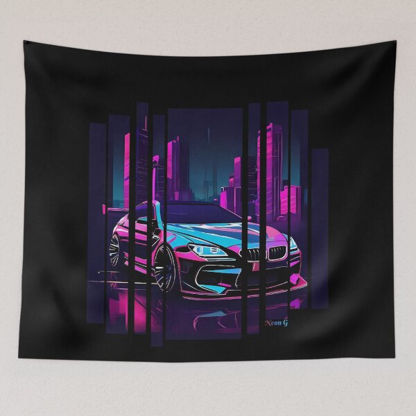 Item preview, B.W M6 sideways cyberpunk neon city, high contrast colors, cinematic lighting, bold vector illustration 13 designed and sold by Neon G.