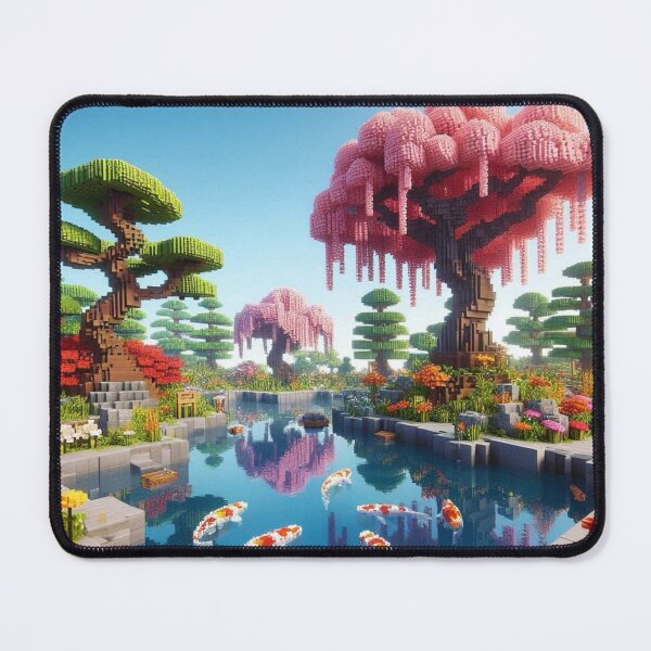 Item preview, Minecraft world, Japanese garden, cherry blossom trees, Japan, gaming, blue sky, pixel art, blocky digital landscape designed and sold by Sugar Wisdom .
