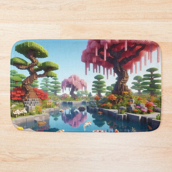 Item preview, Minecraft world, Japanese garden, cherry blossom trees, Japan, gaming, blue sky, pixel art, blocky digital landscape designed and sold by Sugar Wisdom .
