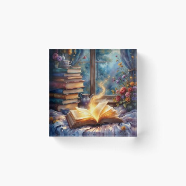 Item preview, Just One More Chapter | CozyReading Nook with Books, Tea, Flowers, Glowing Pages | Cottagecore Decor designed and sold by Whimsical Art by Angela.