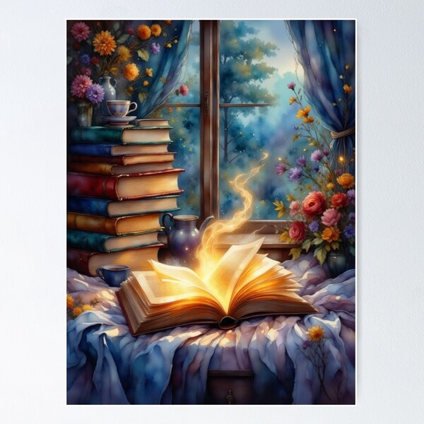 Item preview, Just One More Chapter | CozyReading Nook with Books, Tea, Flowers, Glowing Pages | Cottagecore Decor designed and sold by Whimsical Art by Angela.