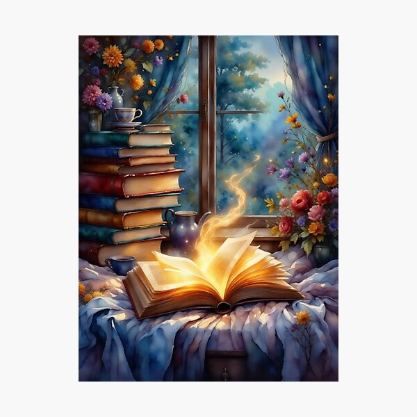 Item preview, Just One More Chapter | CozyReading Nook with Books, Tea, Flowers, Glowing Pages | Cottagecore Decor designed and sold by Whimsical Art by Angela.