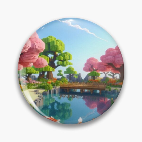 Item preview, Minecraft world, Japanese garden, cherry blossom trees, Japan, gaming, blue sky, pixel art, blocky digital landscape designed and sold by Sugar Wisdom .