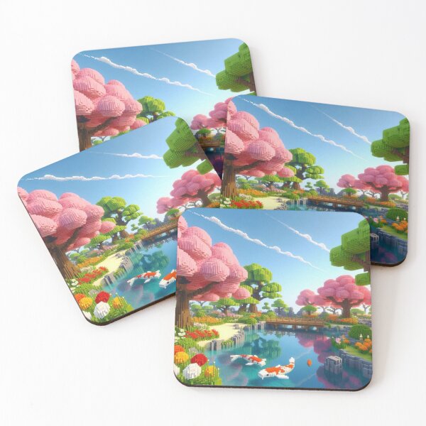 Item preview, Minecraft world, Japanese garden, cherry blossom trees, Japan, gaming, blue sky, pixel art, blocky digital landscape designed and sold by Sugar Wisdom .