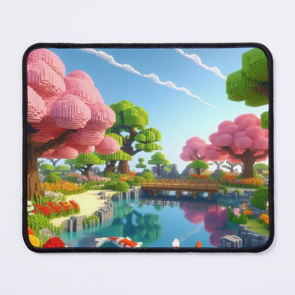 Item preview, Minecraft world, Japanese garden, cherry blossom trees, Japan, gaming, blue sky, pixel art, blocky digital landscape designed and sold by Sugar Wisdom .