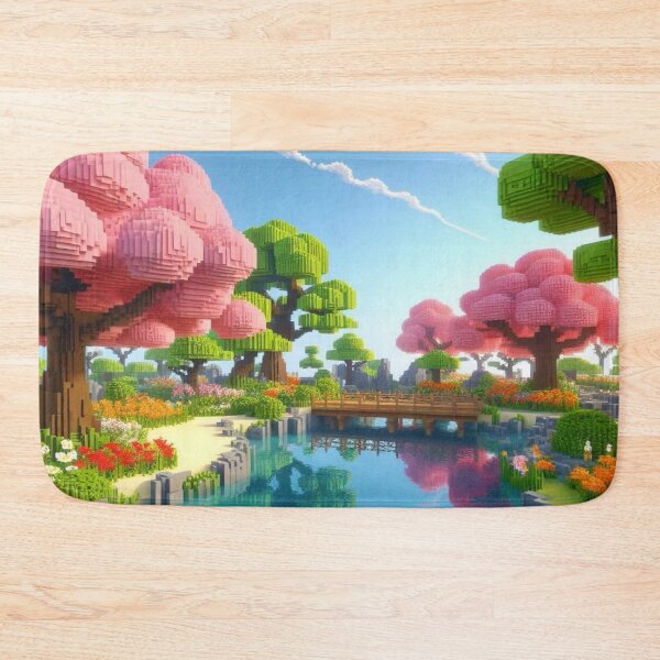Item preview, Minecraft world, Japanese garden, cherry blossom trees, Japan, gaming, blue sky, pixel art, blocky digital landscape designed and sold by Sugar Wisdom .